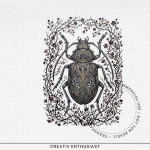 Ornate beetle surrounded by a floral wreath.
