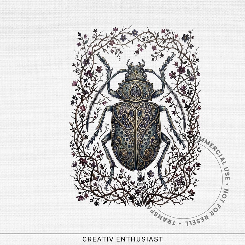 Ornate beetle surrounded by a floral wreath.