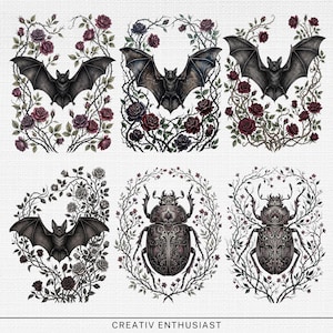 Six illustrations of bats and beetles surrounded by thorny roses.