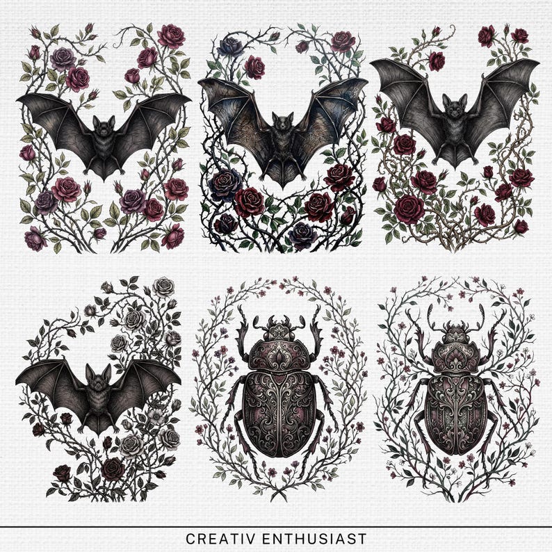 Six illustrations of bats and beetles surrounded by thorny roses.