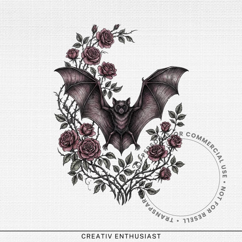 Bat and roses illustration with "COMMERCIAL USE NOT FOR RESELL" text.