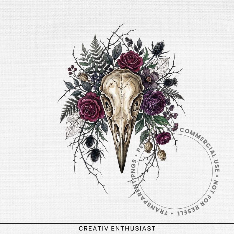 Skull with flowers and thorns on white background.