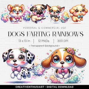 Whimsical Farting Rainbow Dogs Digital Download, Cute Dog PNG, Transparent Backgrounds, High Quality Digital Art