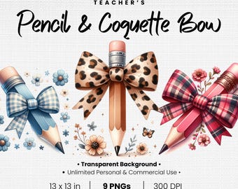 9 Pencil & Coquette Bow Clipart: Transparent Teacher School PNG Graphics (Digital Download)