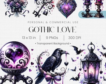 May include: A set of nine digital illustrations in a gothic style featuring a bouquet of purple roses, a key and lock, a heart-shaped locket, two candlesticks with candles, a crystal ball with a purple heart inside, a raven perched on a branch with a heart-shaped charm, a lantern with a candle inside, and two bats. The illustrations are on a transparent background.