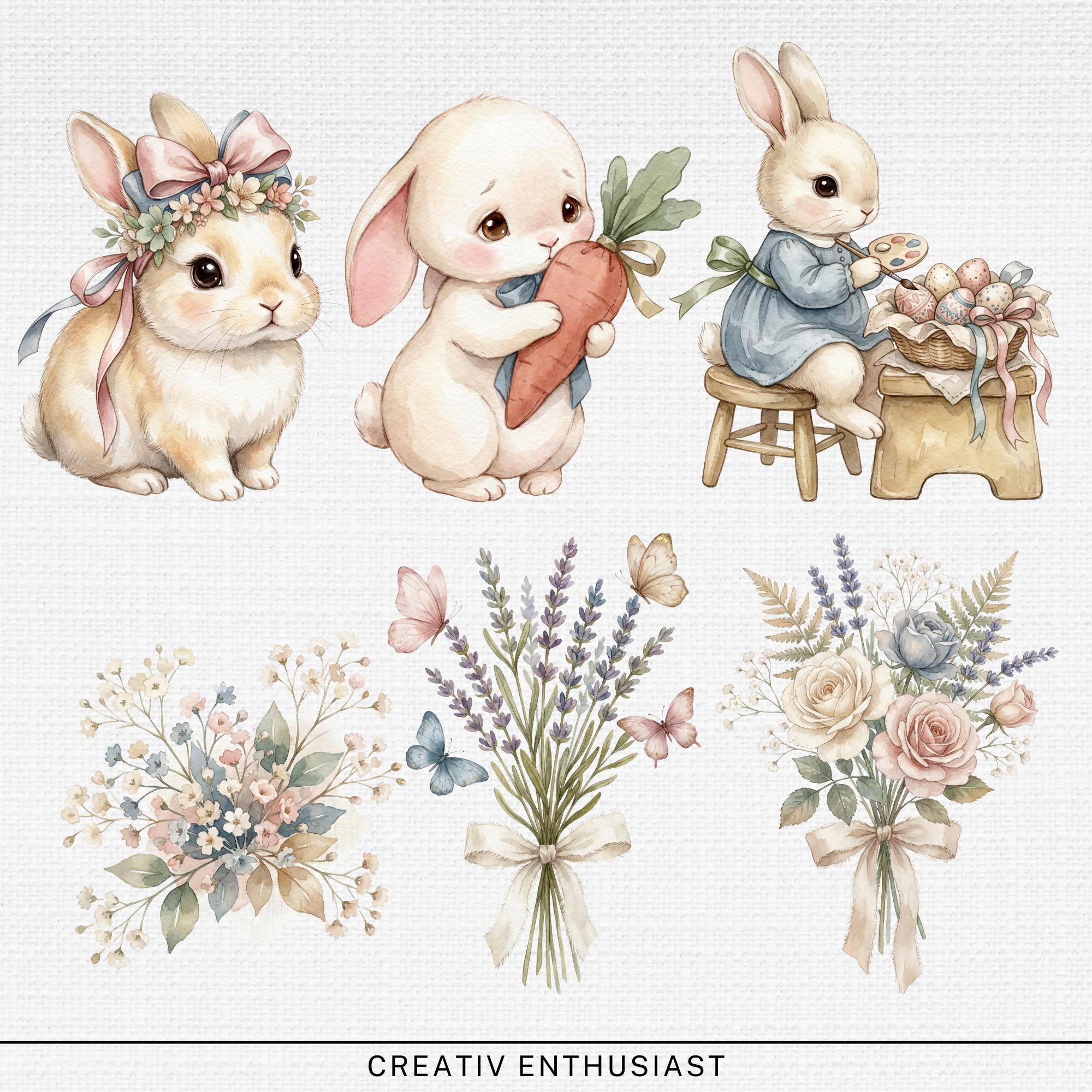 12 Watercolor Bunny Clipart Bundle, Easter Spring Nursery Art (digital ...