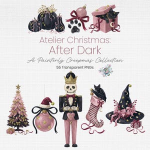 May include: A digital collection of 55 transparent PNGs titled Atelier Christmas: After Dark, featuring illustrations of black pumpkins, a cat in a pink gift box, a skeleton nutcracker, a pink Christmas tree, and a witch hat with pink bows.