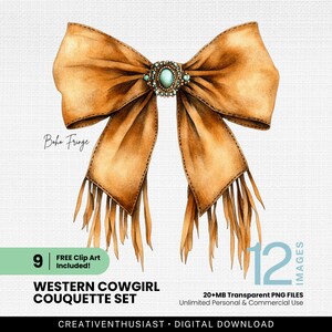 May include: A brown leather bow with fringe detail and a turquoise gemstone accent. The bow is tied with a knot in the center and has a bohemian style.