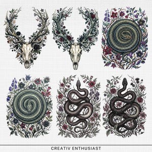 Six ornate illustrations of animal skulls and snakes adorned with flowers and vines.