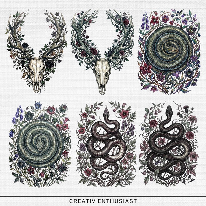 Six ornate illustrations of animal skulls and snakes adorned with flowers and vines.