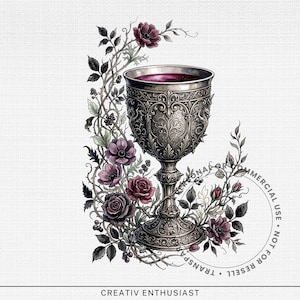 Ornate goblet overflowing with dark liquid, surrounded by roses and vines.
