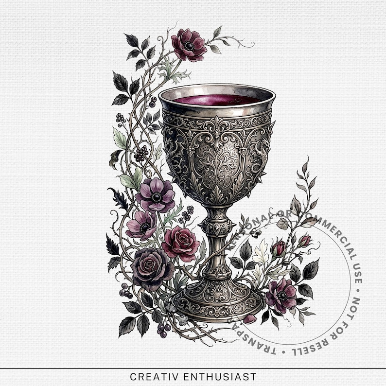 Ornate goblet overflowing with dark liquid, surrounded by roses and vines.