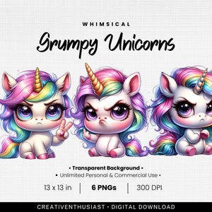Imágenes prediseñadas de unicornios gruñones lindos, descarga digital de unicornio de dibujos animados, 6 PNG de unicornios kawaii, gráficos de unicornios caprichosos