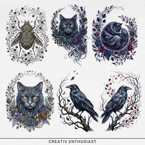 Six dark, whimsical illustrations of animals and insects surrounded by floral and thorny branches.