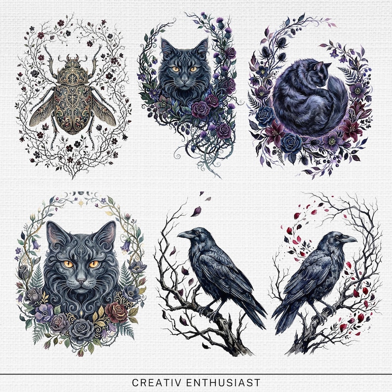 Six dark, whimsical illustrations of animals and insects surrounded by floral and thorny branches.