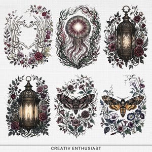 Six framed gothic illustrations of skeletons, jellyfish, lanterns, and moths with floral borders.