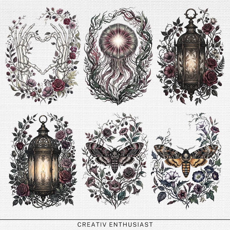 Six framed gothic illustrations of skeletons, jellyfish, lanterns, and moths with floral borders.