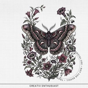 Moth surrounded by dark floral vines and leaves, with text "TRAN • NOT FOR RESELL • COMMERCIAL USE".