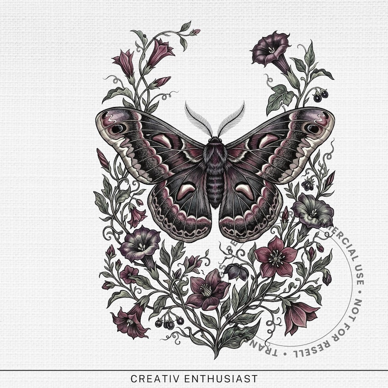 Moth surrounded by dark floral vines and leaves, with text "TRAN • NOT FOR RESELL • COMMERCIAL USE".