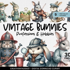 Paquete de 50 imágenes prediseñadas de conejos vintage, profesiones, ocupaciones, pasatiempos, diseños transparentes para sublimación, manualidades, proyectos creativos