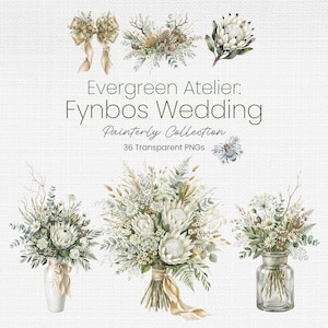 Puede incluir: Una colección digital de ilustraciones florales de fynbos en acuarela que incluye ramos, un lazo, una flor de protea y una abeja. El texto dice Evergreen Atelier: Fynbos Wedding Painterly Collection 36 Transparent PNGs.