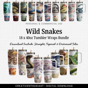 Puede incluir: Un conjunto de 18 diseños para envolver vasos de acero inoxidable de 1183ml, con diversos diseños de serpientes. Los vasos tienen una base blanca y están adornados con ilustraciones coloridas de serpientes. Se muestra el texto "Wild Snakes".