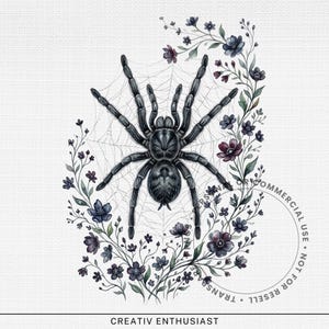 Tarantula on a web surrounded by a floral wreath.