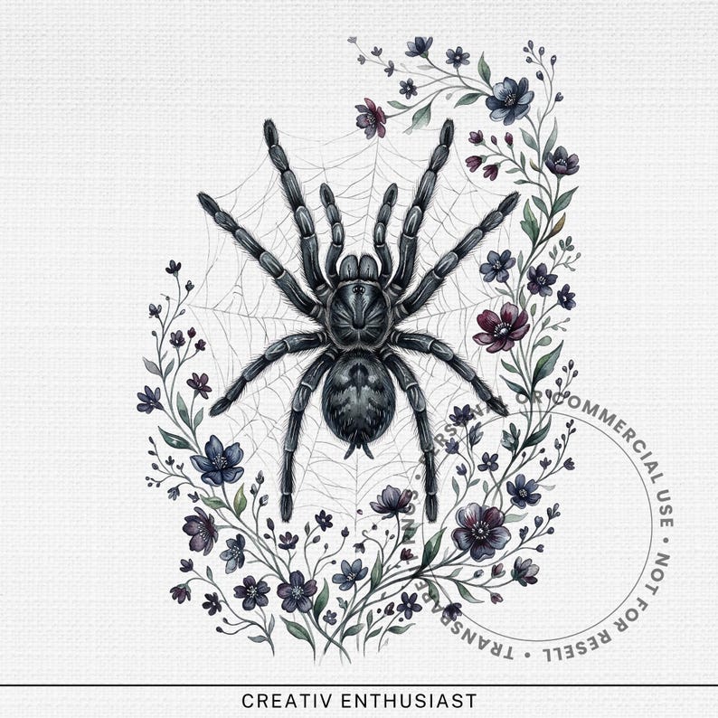Tarantula on a web surrounded by a floral wreath.