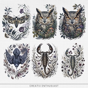 Six oval designs featuring a moth, owl, raven, and scorpion, surrounded by flora.