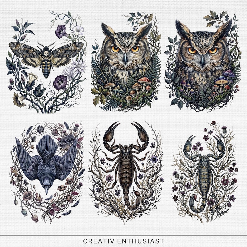 Six oval designs featuring a moth, owl, raven, and scorpion, surrounded by flora.