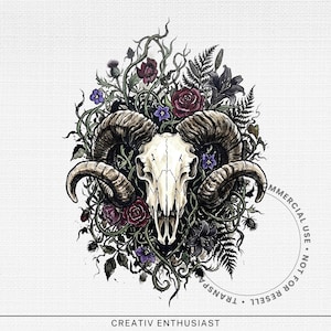 Ram skull with horns entwined with roses and thorny vines.