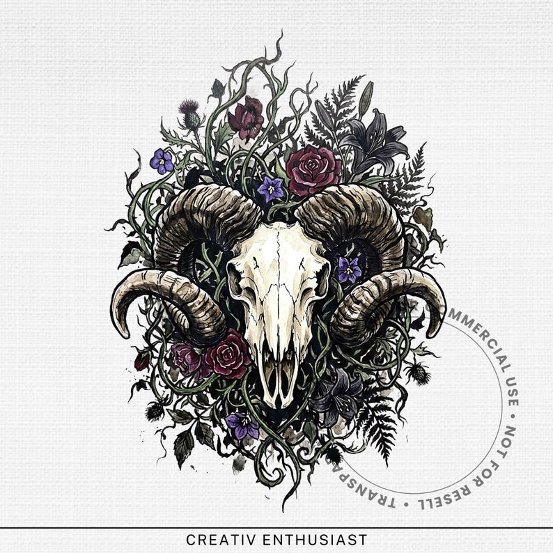 Ram skull with horns entwined with roses and thorny vines.