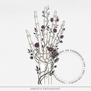 Skeleton hand intertwined with dark purple flowers and vines.
