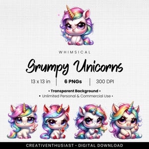 Imágenes prediseñadas de unicornios gruñones lindos, descarga digital de unicornio de dibujos animados, 6 PNG de unicornios kawaii, gráficos de unicornios caprichosos