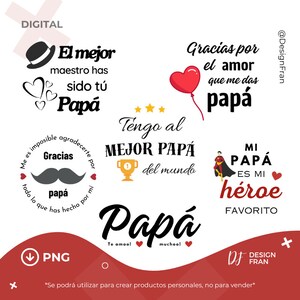 Frases para papá PNG, paquete png en español, calcomanías para día del padre, gracias, papá png, diseños para sublimación, regalo de cumple