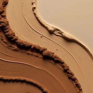 May include: Close-up of cosmetic product swatches in various shades of brown and beige. The image shows a variety of textures, including smooth creams and textured powders, arranged in curved lines. The colors range from light beige to deep brown.