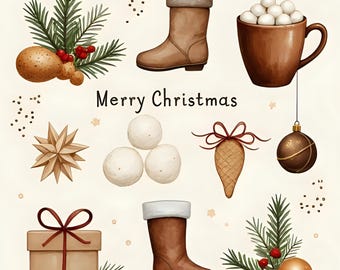 Neutral jul Clipart Set | Mocha Holiday | Pepparkakor, Träd, Kakao, Ornament | Mysig Julkonst