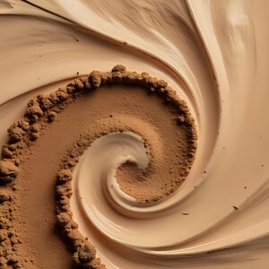 May include: A close-up shot of a swirl of beige foundation with a spiral of brown powder. The textures create a dynamic, abstract pattern, suggesting cosmetic products. The image highlights the contrast between the creamy foundation and the granular powder.