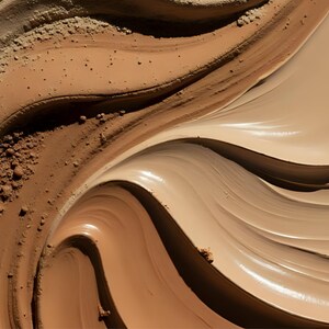 May include: An abstract image showcasing a variety of foundation shades. Swirls of light to dark beige and brown tones create a textured, wave-like pattern. Some areas have a powdery, granular texture, while others are smooth and creamy.
