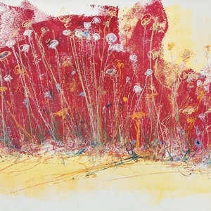 Flores abstractas originales en rojo, Arte de pared, 24x48, acrílico, cartón, Enmarcado, Firmado