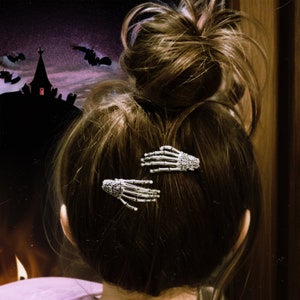 Set of 2 Gothic Silver Skeleton Hand Hair Clips Available in 16 Different Nail Colors  (All purchases come with FREE GIFT!!)