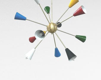 May include: A retro chandelier with a brass finish and multiple cone-shaped shades in various colours, including white, blue, green, yellow, and red. The light fixtures are arranged in a starburst pattern, creating a vibrant and stylish lighting element.