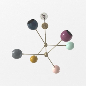 Könnte beinhalten: Eine moderne Deckenleuchte mit Messing-Finish und mehreren kugelförmigen Schirmen in verschiedenen Farben, darunter Marineblau, Grau, Gelb, Rosa, Lila und Mintgrün. Die Leuchte ist von der Decke abgehängt.