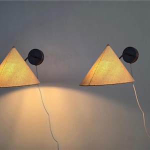 Pair of Fabric Shade Handmade Raw Brass Sconce Mid Century Wall Lamp