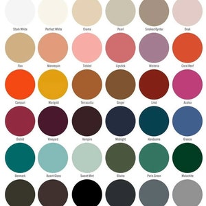 May include: A color palette featuring 36 circular swatches, each with a unique hue and name. Colors range from Stark White to Dove, including shades like Lipstick, Marigold, and Midnight. The arrangement is in a grid, showcasing a variety of tones.