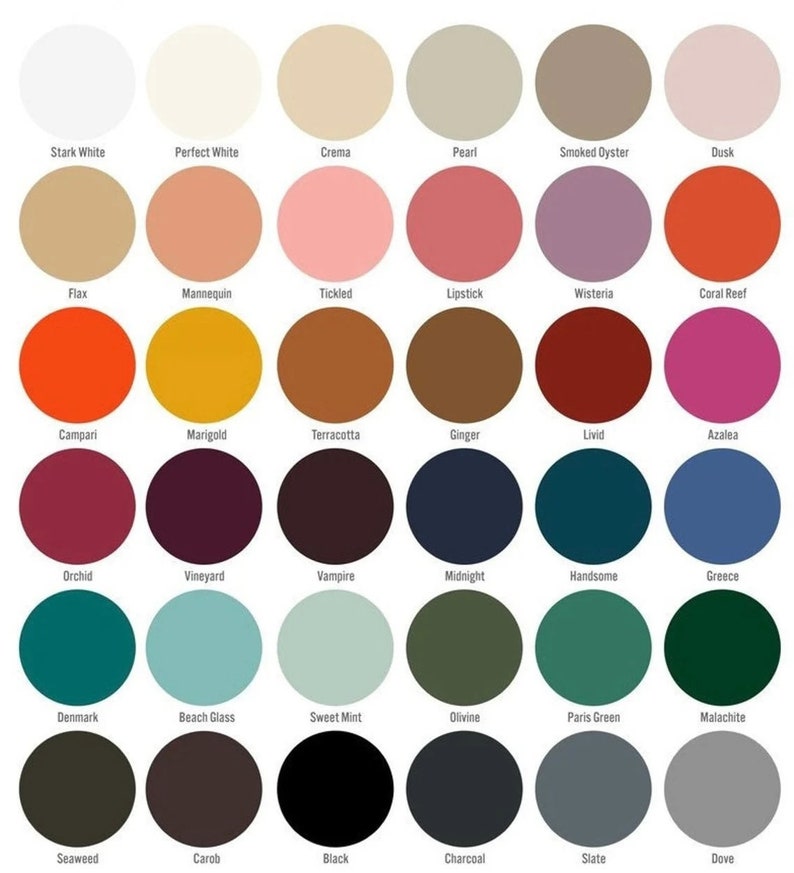May include: A color palette featuring 36 circular swatches, each with a unique hue and name. Colors range from Stark White to Dove, including shades like Lipstick, Marigold, and Midnight. The arrangement is in a grid, showcasing a variety of tones.