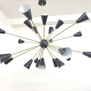 Large Mid Century Modern Sputnik Chandelier, Black and Brass Atomic Sunburst Light, Stilnovo Style Pendant