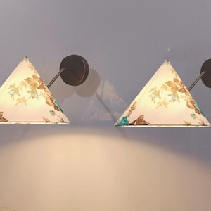 Pair of Printed Fabric Shade Raw Brass Wall Sconce Plug in lamp