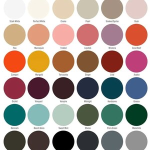 May include: A colour palette displaying 36 circular swatches, each with a distinct hue and name. Colours range from Stark White to Dove, including shades like Lipstick, Midnight, and Paris Green. The palette is designed for colour selection and comparison.