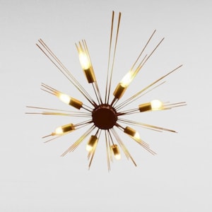 Puede incluir: Una lámpara de araña moderna, estilo ráfaga de estrellas, con múltiples bombillas. La lámpara presenta un centro marrón oscuro con varillas doradas radiantes, cada una con una bombilla de tono cálido. El diseño crea un elemento de iluminación dinámico y llamativo.